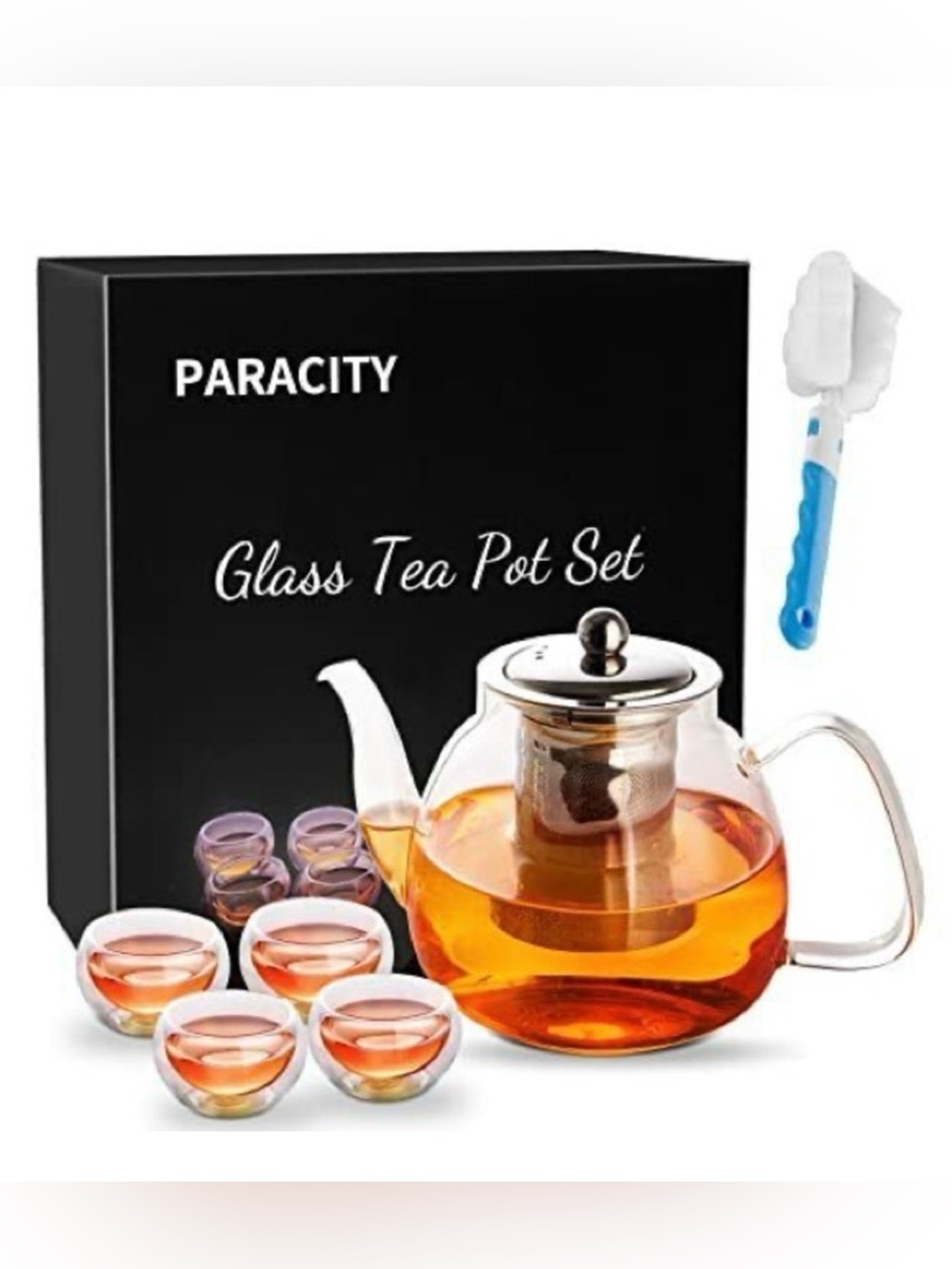 #3382**Clear Glass Tea Pot Set with Cups - Amber Tea